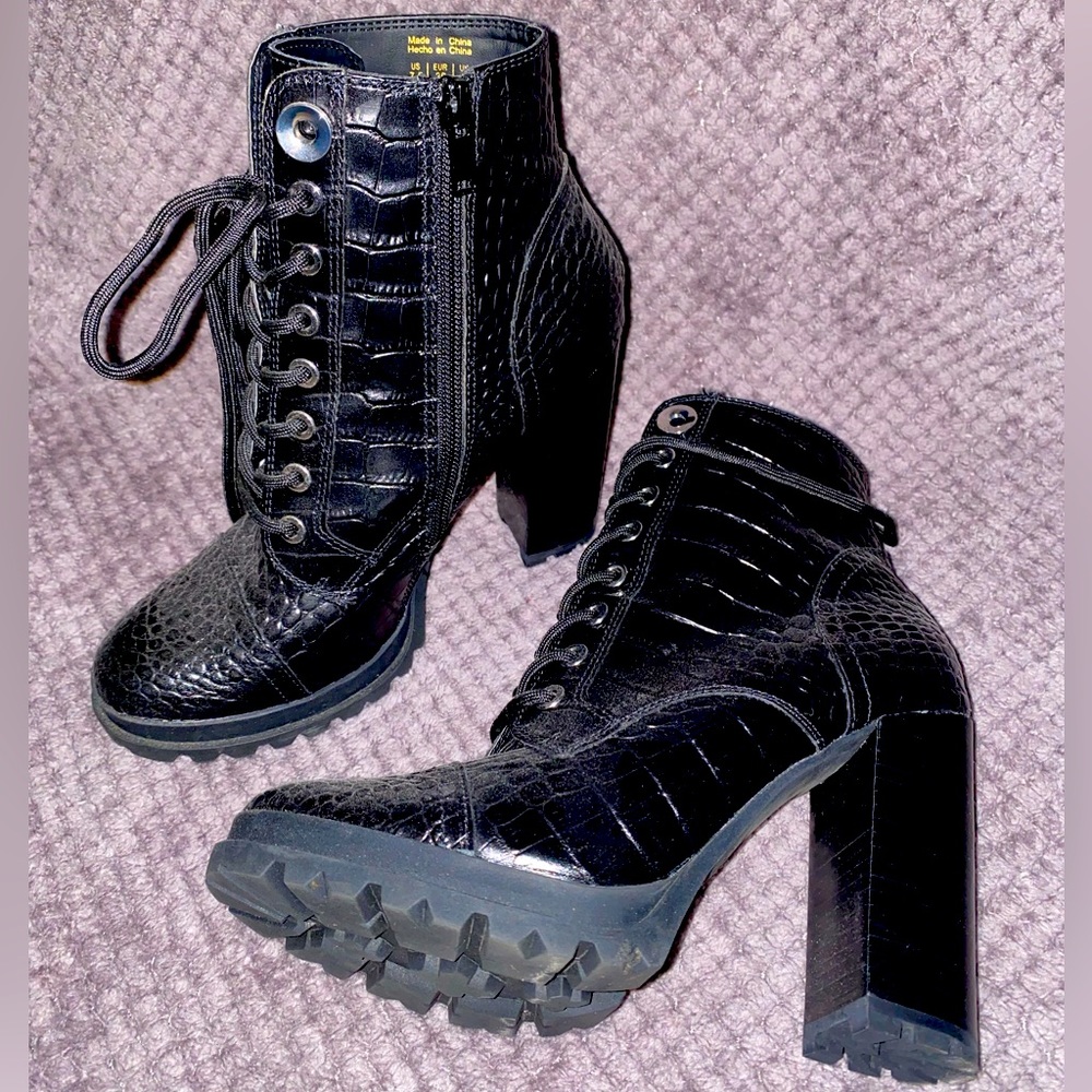 Croc embossed chunky heeled combat bootie